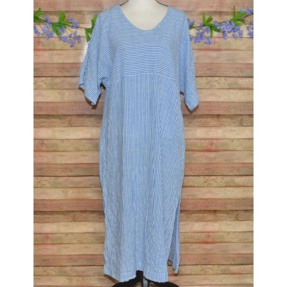 Kate Landry Woven Short Sleeve Striped Dress Pockets Size S/M Caftan Lagenlook